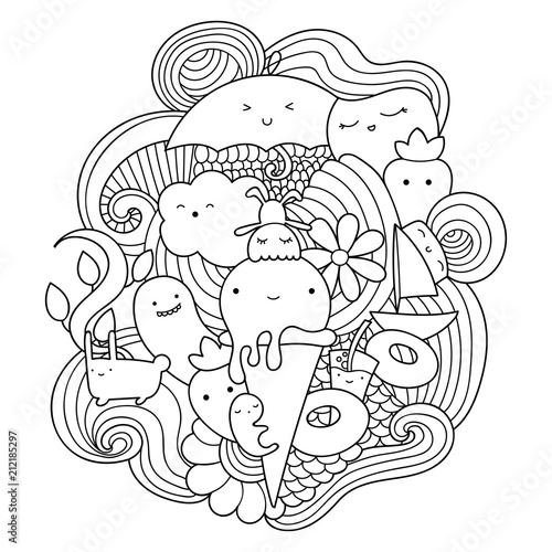Vector doodle illustration with ice cream, fruits and waves. Summer pattern for coloring book or design print. Possibility to easily change colors.