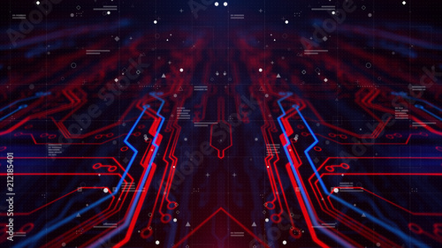 HUD interface. Head up display.  Mirrored pattern. Blue, red background with digital integrated network technology. Printed circuit board. Technology background. Neon. 3D illustration. Computer infogr