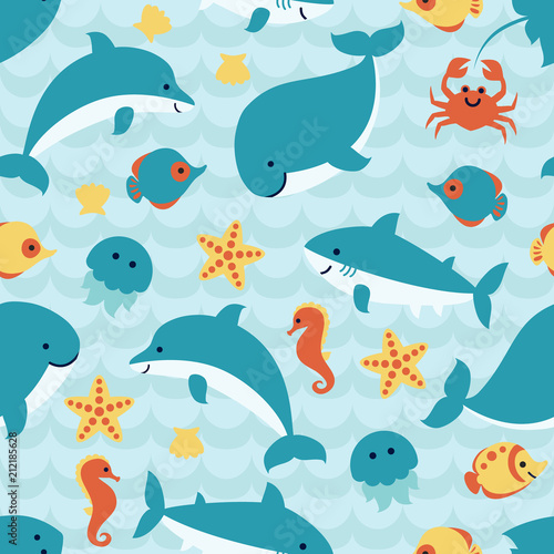 Seamless pattern with cute sea animals on blue wave background.