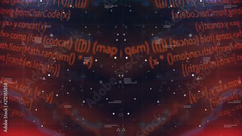 HUD Elements. Head up display. Symmetry pattern. Orange and Blue Microchip backdrop. Abstract background. Digital technology. PCB. Microchip link. 3d illustration. Background for computer graphic webs