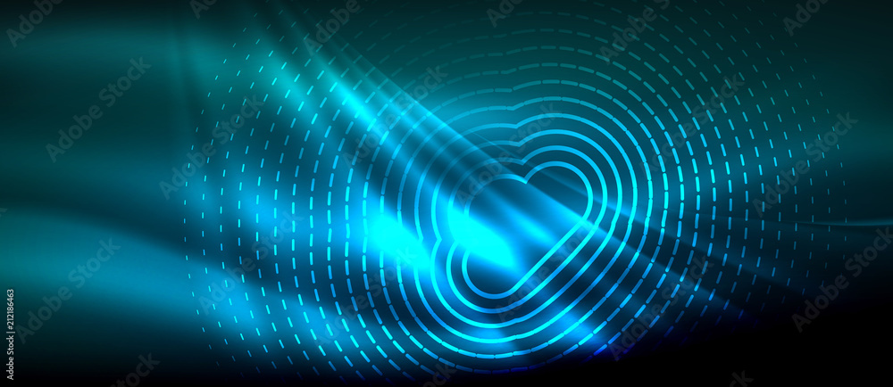 Neon glowing wave, magic energy and light motion background. Wallpaper template, hi-tech future concept