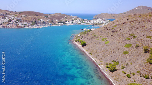 Aerial birds eye view photo taken by drone of picturesque port of Patmos island, Dodecanese, Greece