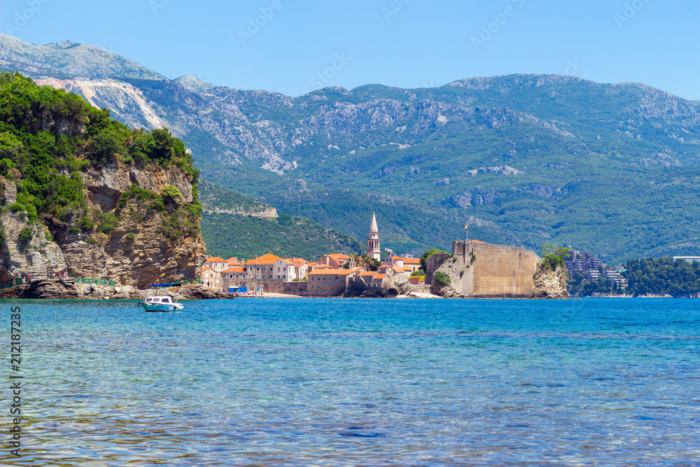 View on the old city Budva at Adriatic sea coastline, Montenegro. summer seascape background