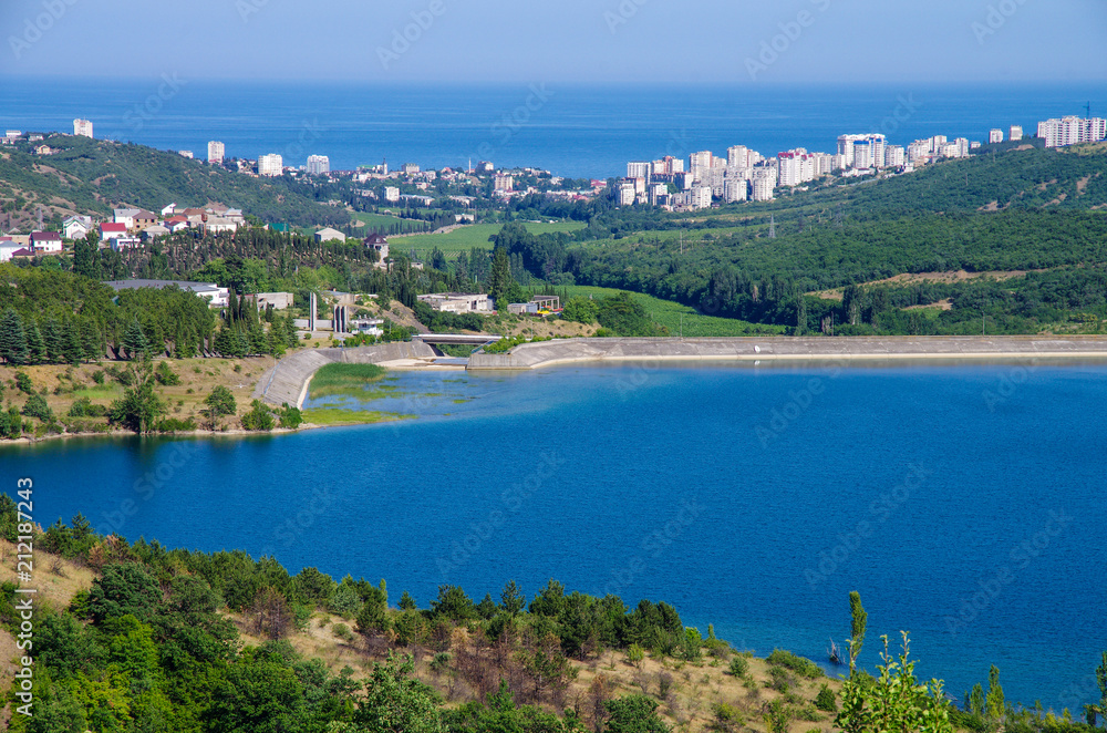 View of the city of Alushta from the shore of the reservoir, Crimea