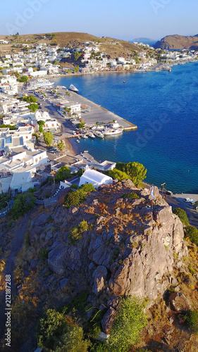 Fototapeta Naklejka Na Ścianę i Meble -  Aerial birds eye view photo taken by drone of picturesque port of Patmos island called Skala, Dodecanese, Greece