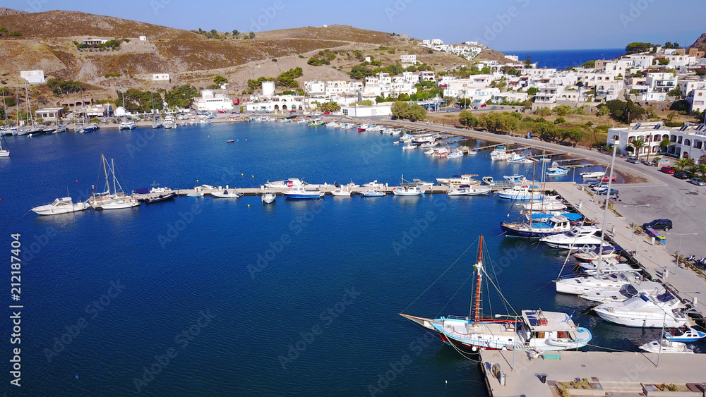 Aerial birds eye view photo taken by drone of picturesque port of Patmos island called Skala, Dodecanese, Greece