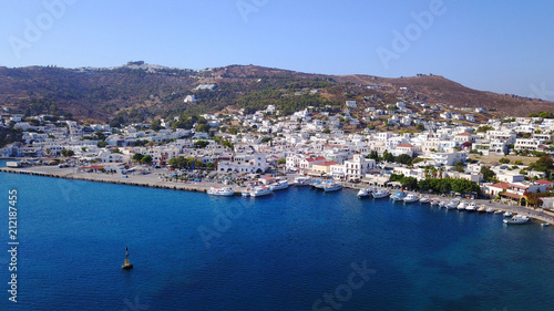 Aerial birds eye view photo taken by drone of picturesque port of Patmos island called Skala, Dodecanese, Greece © aerial-drone