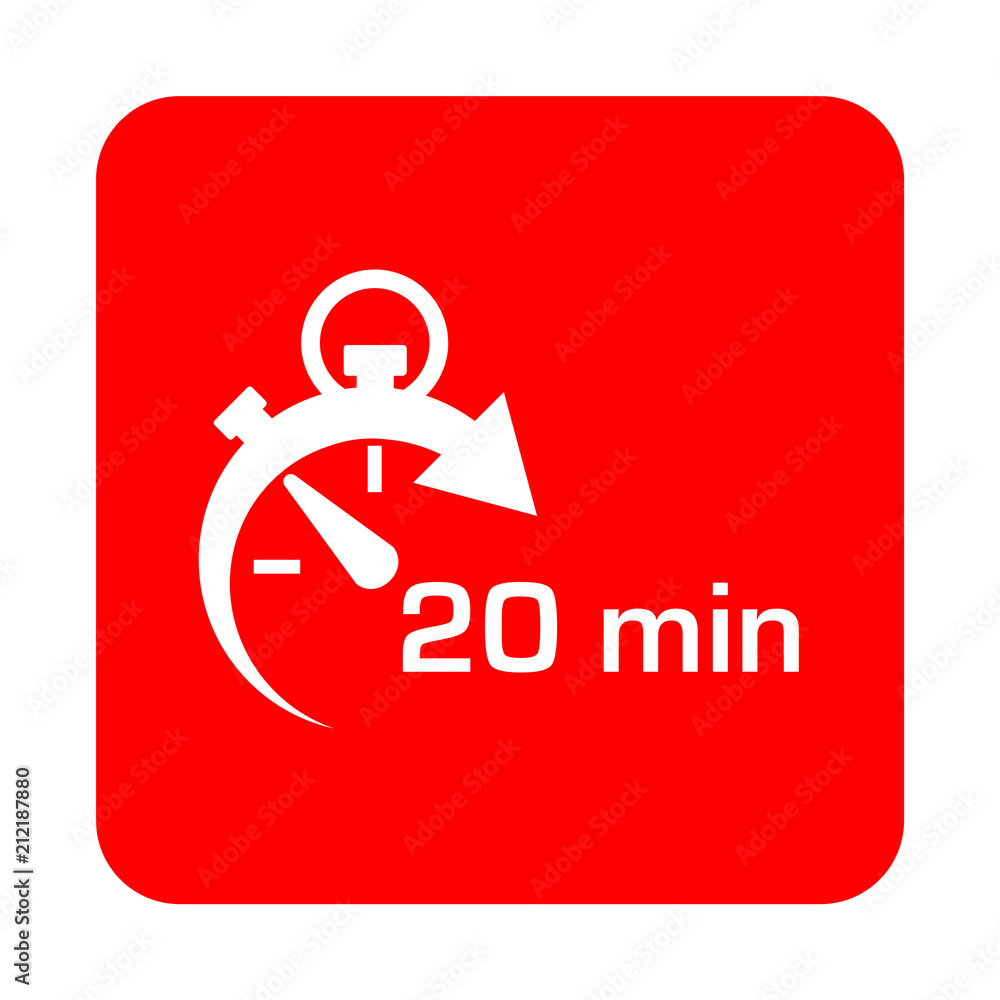 Icono plano cronometro con 20 min en cuadrado rojo Icono plano cronometro con 20 min en cuadrado rojo