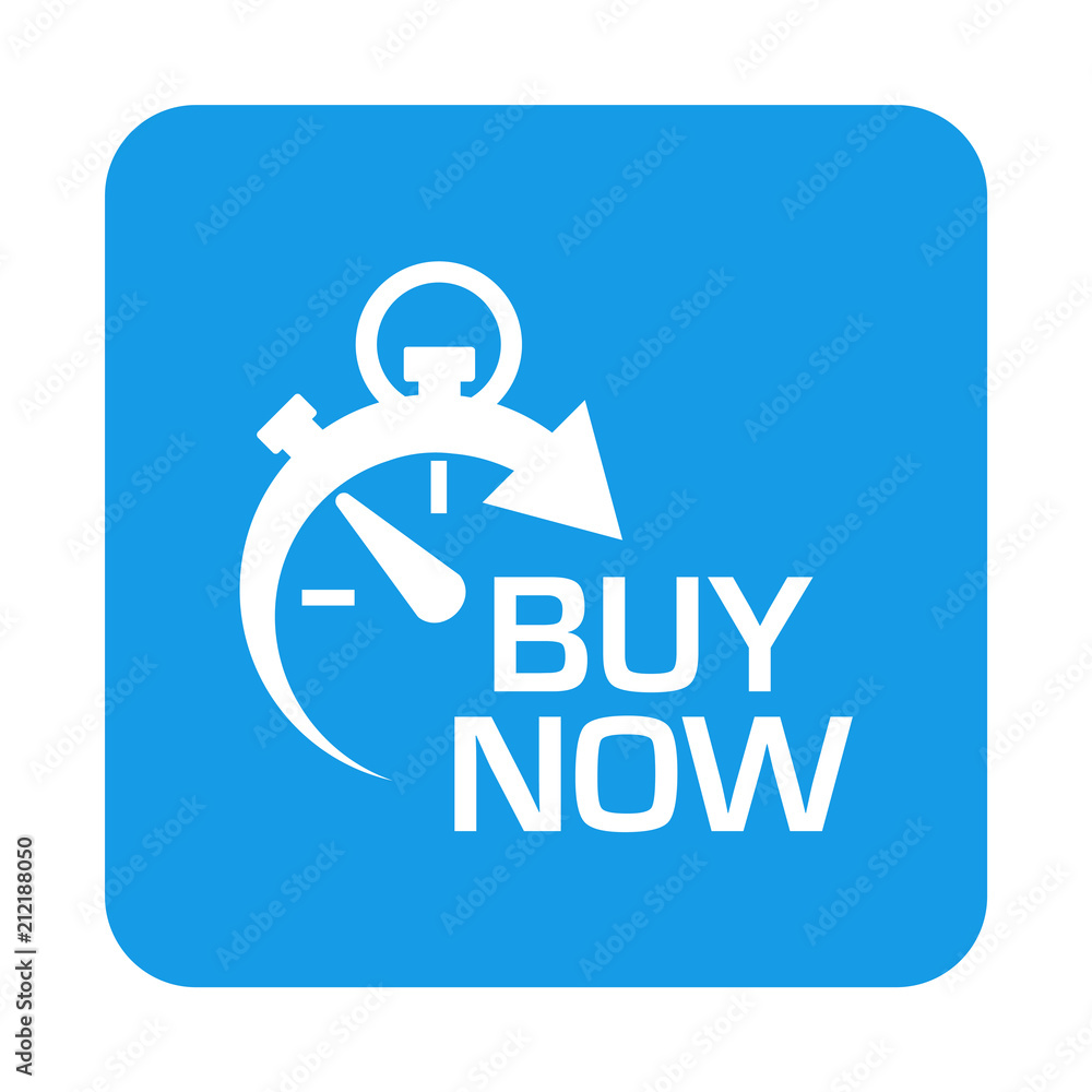 Icono plano cronometro con BUY NOW en cuadrado azul Icono plano cronometro con BUY NOW en cuadrado azul