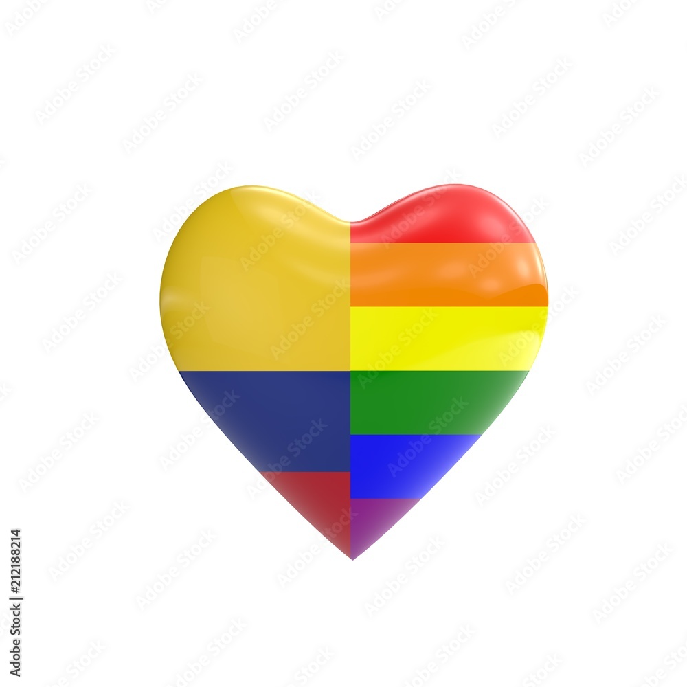 Colombia flag and gay LGBT rainbow flag heart shape. Gay rights concept. 3D Rendering Colombia flag and gay LGBT rainbow flag heart shape. Gay rights concept. 3D Rendering