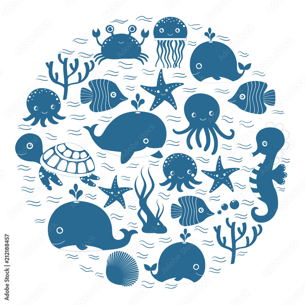Fototapeta premium Cute blue cartoon sea animals in circle for baby designs, kids invitations and summer greeting cards