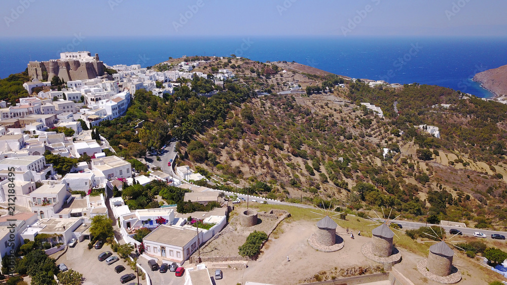 Aerial bird's eye view photo taken by drone of iconic windmills in Chora of Patmos island, Greece Aerial bird's eye view photo taken by drone of iconic windmills in Chora of Patmos island, Greece