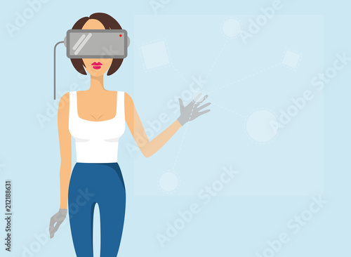 Woman with virtual reality glasses. Vector flat design illustration. 
