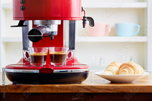 Fotografering Two cups of espresso on espresso machine