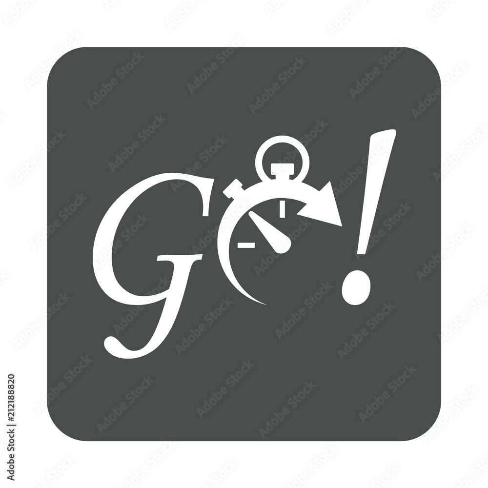 Icono plano GO con cronometro en cuadrado gris Icono plano GO con cronometro en cuadrado gris