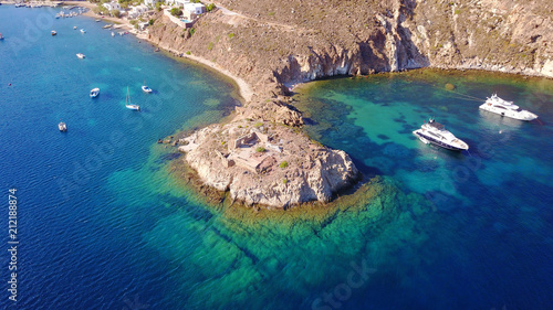 Aerial birds eye view photo taken by drone of Groikos one of the most beautiful natural bays in the world, Patmos island, Dodecanese, Greece © aerial-drone
