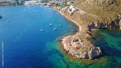 Aerial birds eye view photo taken by drone of Groikos one of the most beautiful natural bays in the world, Patmos island, Dodecanese, Greece