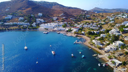 Fototapeta Naklejka Na Ścianę i Meble -  Aerial birds eye view photo taken by drone of Groikos one of the most beautiful natural bays in the world, Patmos island, Dodecanese, Greece
