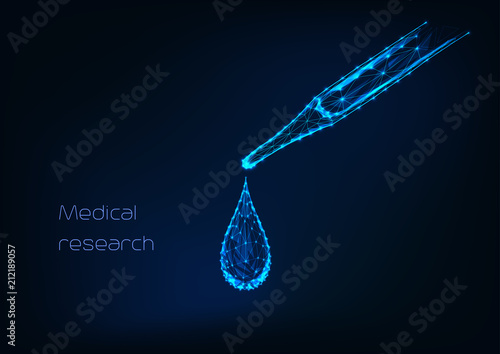 Medical pipette with liquid and falling droplet made of lines, dots, triangles, stars on dark blue background. Scientific pharmaceutical research concept.