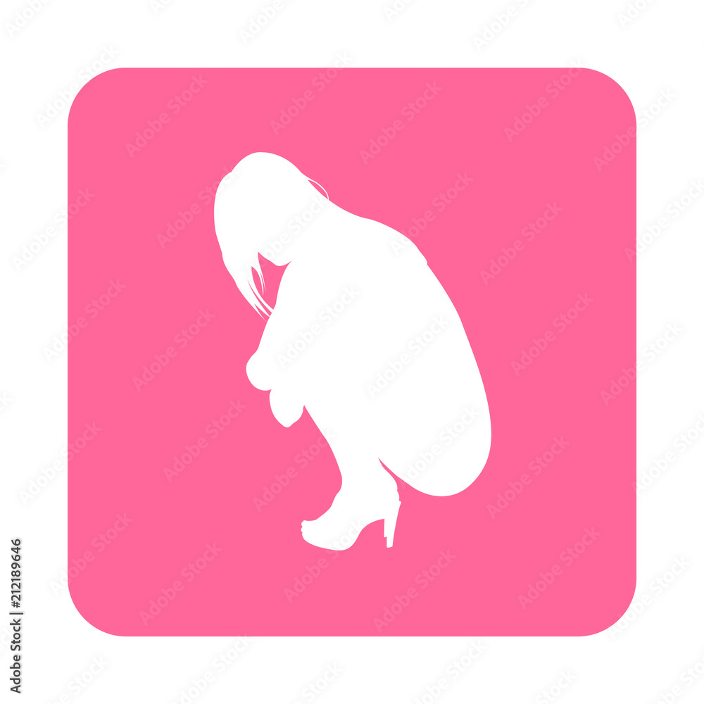 Icono plano chica desnuda agachada perfil en cuadrado rosa Icono plano chica desnuda agachada perfil en cuadrado rosa