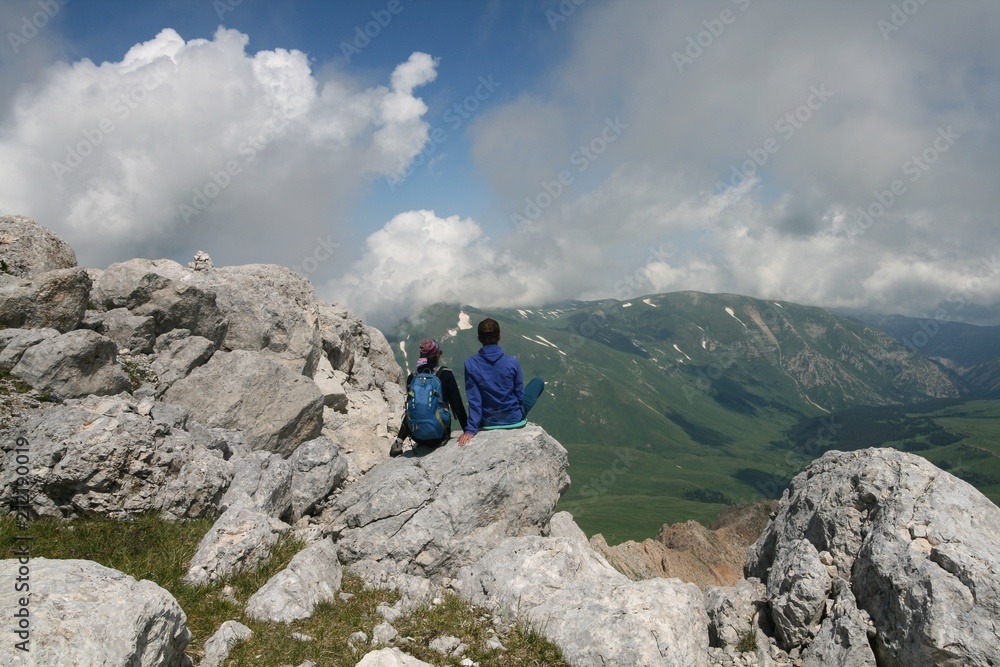 Tourists at the top of mount Oshten, Adygea.