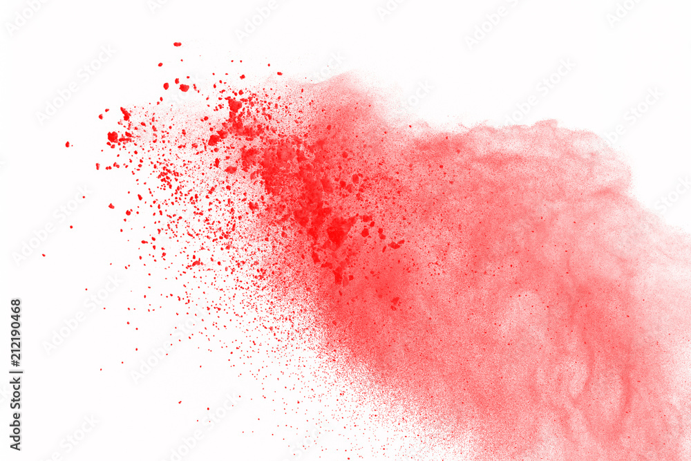 Red powder explosion on white background. Red dust explosive on white background.