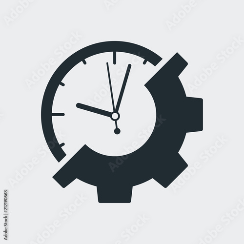 Icono plano reloj y engranaje en fondo gris