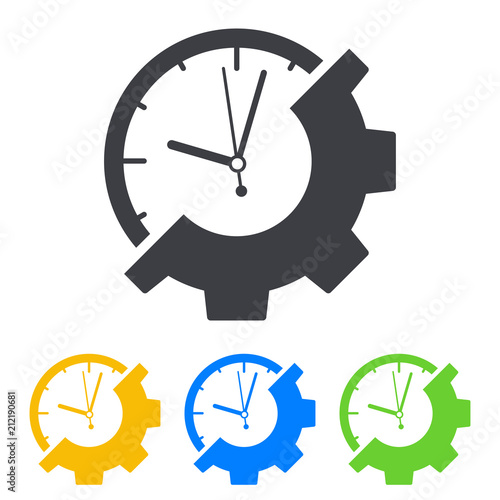 Icono plano reloj y engranaje en varios colores