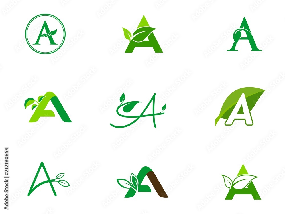 leaf initials A logo set, natural green leaf symbol, initials A icon design leaf initials A logo set, natural green leaf symbol, initials A icon design
