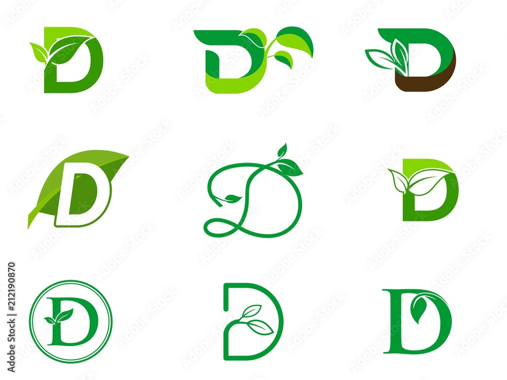 leaf initials D logo set, natural green leaf symbol, initials D icon design leaf initials D logo set, natural green leaf symbol, initials D icon design