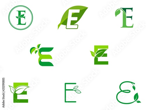 leaf initials E logo set, natural green leaf symbol, initials E icon design