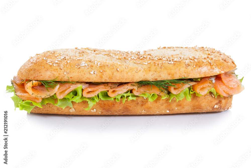 Baguette Brötchen Sandwich Vollkorn mit Lachs Fisch seitlich freigestellt Freisteller Baguette Brötchen Sandwich Vollkorn mit Lachs Fisch seitlich freigestellt Freisteller