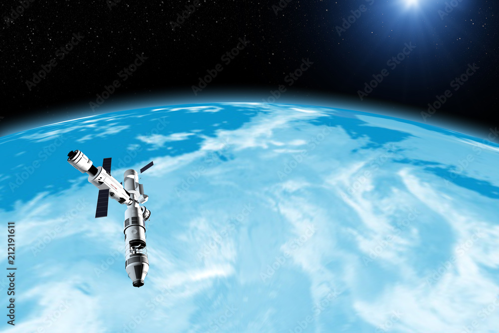 Spacestation flying to unknown planet, stars and nebula in outer space. Space exploration. Spacestation flying to unknown planet, stars and nebula in outer space. Space exploration.