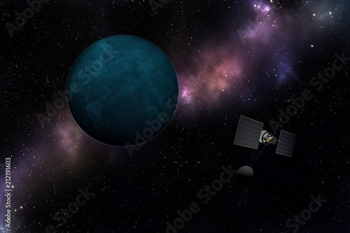 Fototapeta Naklejka Na Ścianę i Meble -  Spacecraft flying to unknown planet, stars and nebula in outer space. Space exploration.