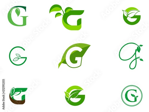 leaf initials G logo set, natural green leaf symbol, initials G icon design