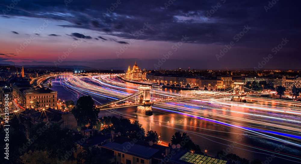 Fototapeta premium Budapest capital long exposure night cityscape with river Danube and bridges