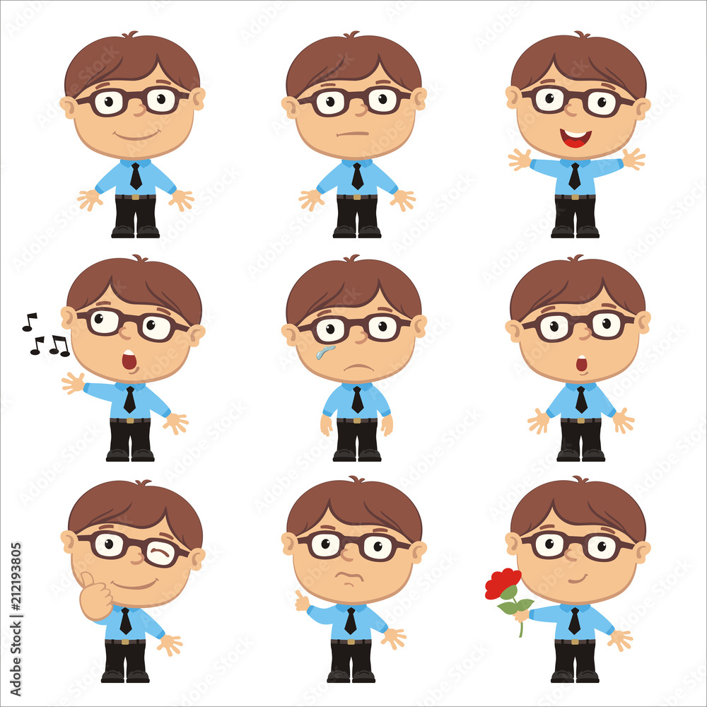 Collection of emoticons of funny boy with glasses in different poses isolated on white background. Collection of emoticons of funny boy with glasses in different poses isolated on white background.