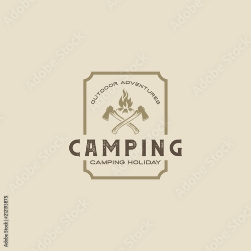 Outdoor adventure leisure. Forest camping logo emblem vector illustration.