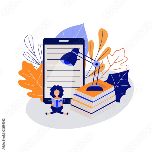 Education concept with young female student sitting cross-legged on floor and reading book surrounded by big school supplies isolated on white background. Flat vector illustration of study process.