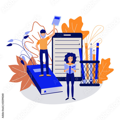 Education concept with young students standing with books surrounded by big school supplies isolated on white background - studying man and woman in flat vector illustration.
