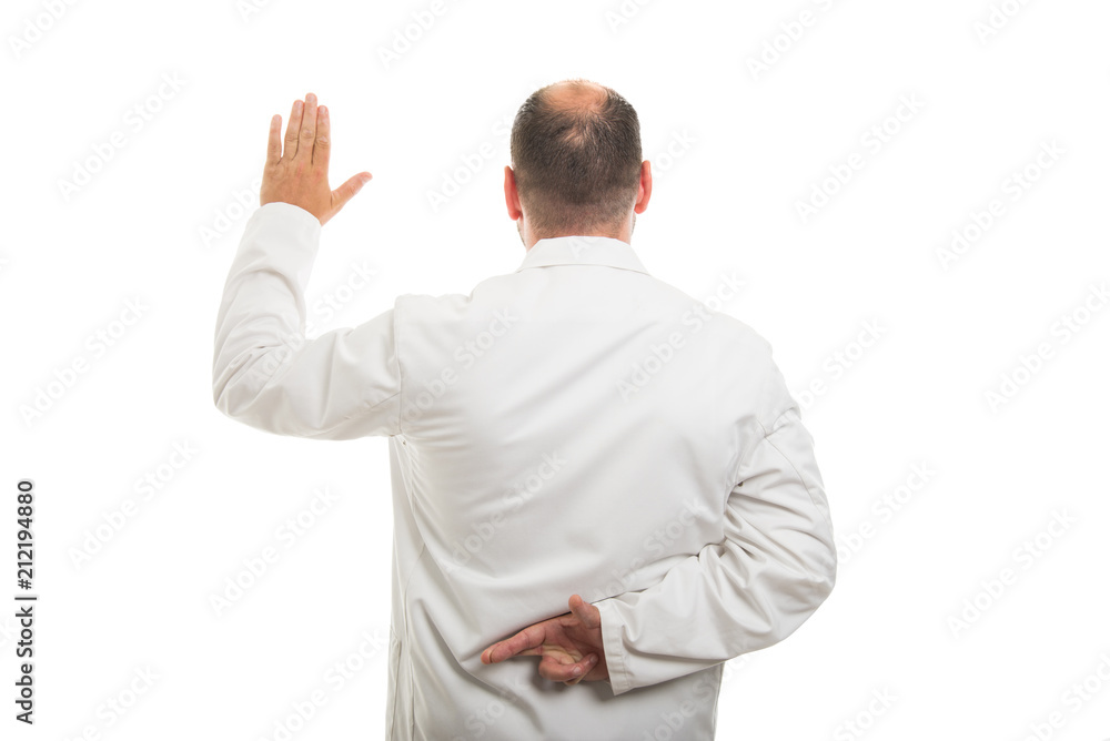 Back view of male doctor showing fake oath gesture Back view of male doctor showing fake oath gesture