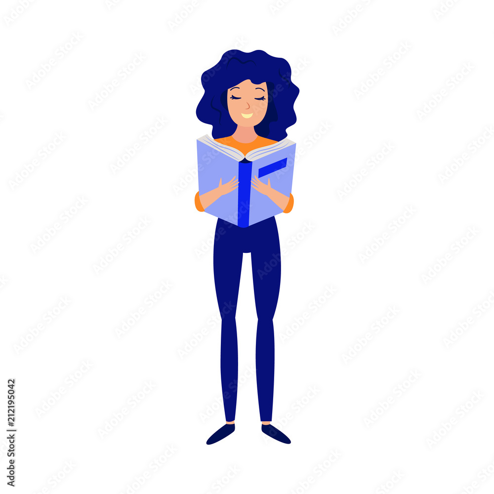 Young girl studying with reading book isolated on white background - flat female character standing with open book for education and literary leisure concept in vector illustration. Young girl studying with reading book isolated on white background - flat female character standing with open book for education and literary leisure concept in vector illustration.