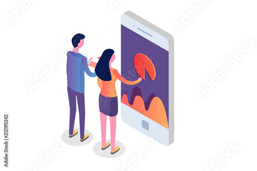 Data analysis, search engine optimization,  site position isometric concept. Vector illustration.