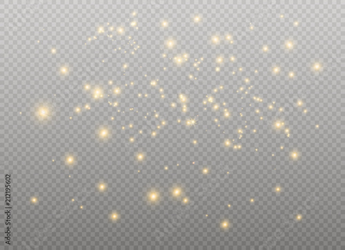 White sparks and golden stars glitter special light effect. Vector sparkles on transparent background. Christmas abstract