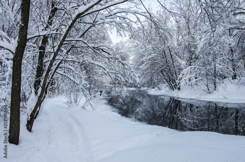 Fototapeta premium Winter landscape with river Yauza in Moscow