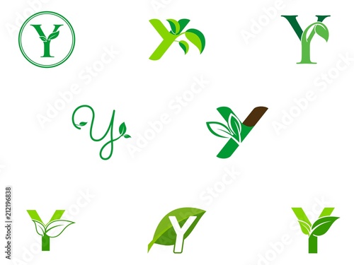leaf initials Y logo set, natural green leaf symbol, initials Y icon design
