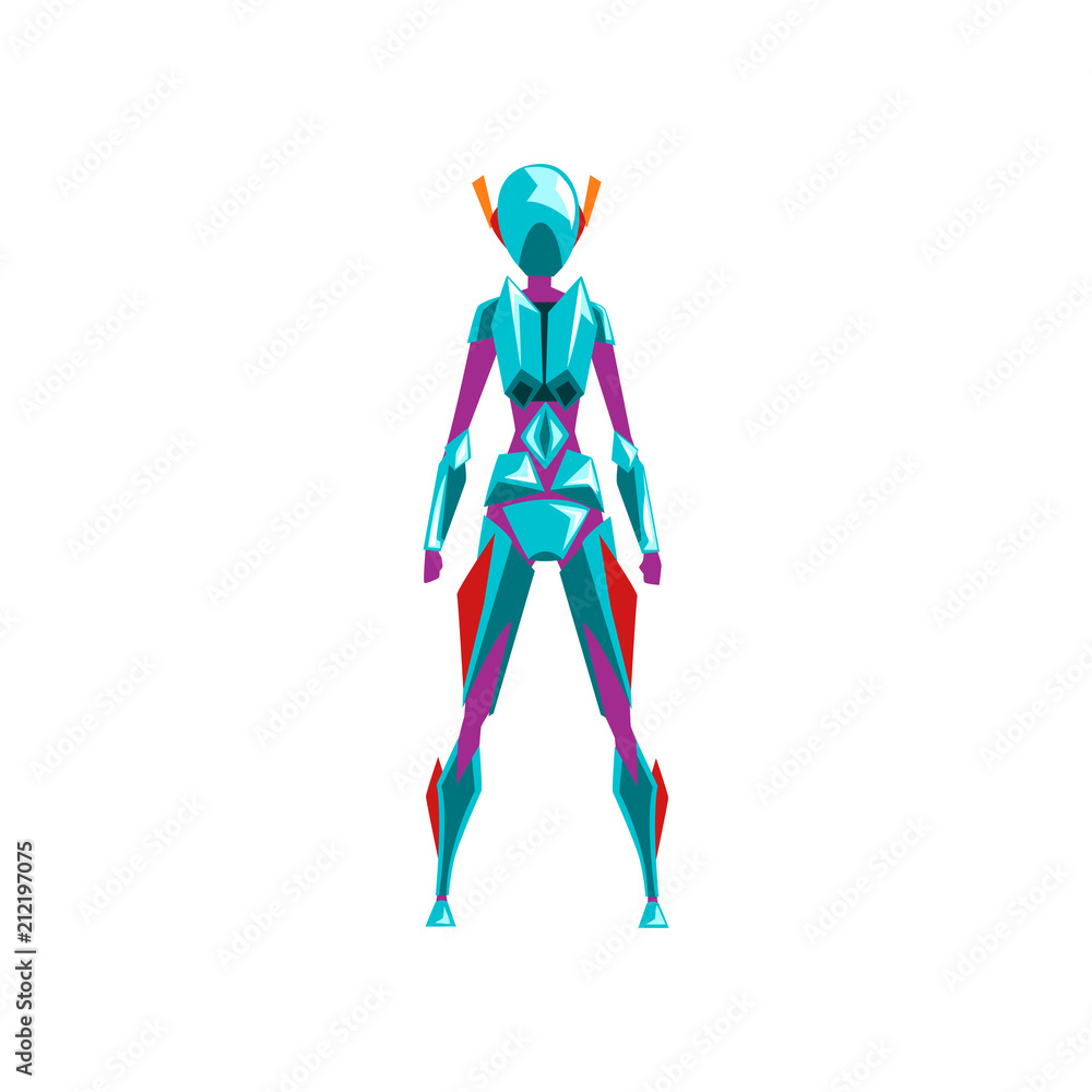 Blue female robot space suit, superhero, cyborg costume, back view vector Illustration on a white background Blue female robot space suit, superhero, cyborg costume, back view vector Illustration on a white background