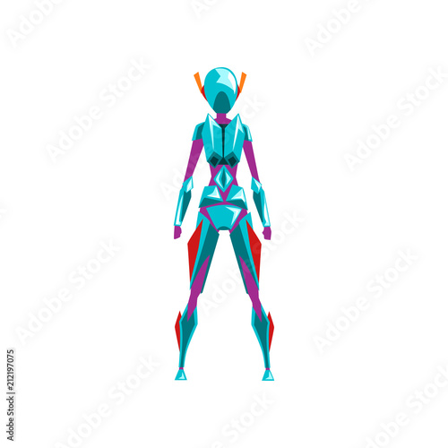 Blue female robot space suit, superhero, cyborg costume, back view vector Illustration on a white background