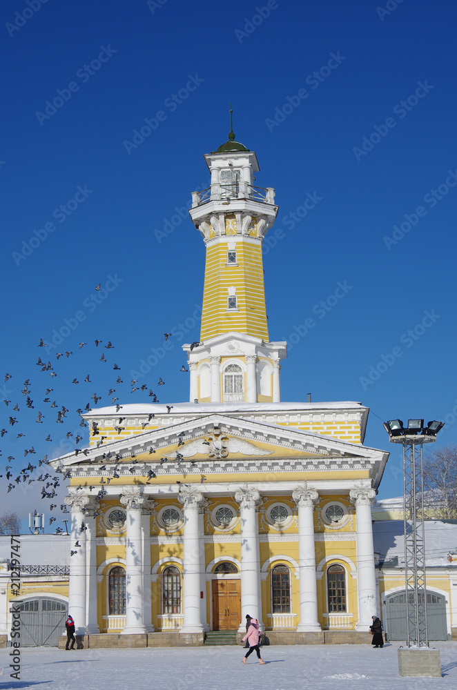 KOSTROMA, RUSSIA - February, 2018:  Old historical architecture - Fire tower in Kostroma city, Russian province
