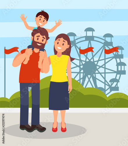 Smiling parents standing together, little son sitting on fathers shoulders, family posing on the background of ferris wheel in amusement park vector Illustration